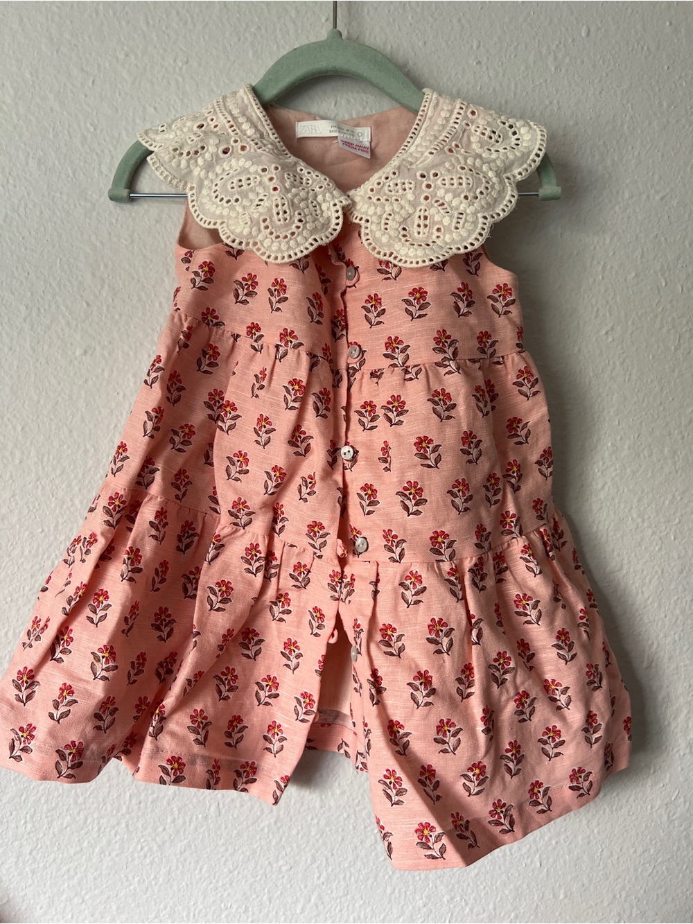 Zara Pink Floral Dress with Lace Trim Collar